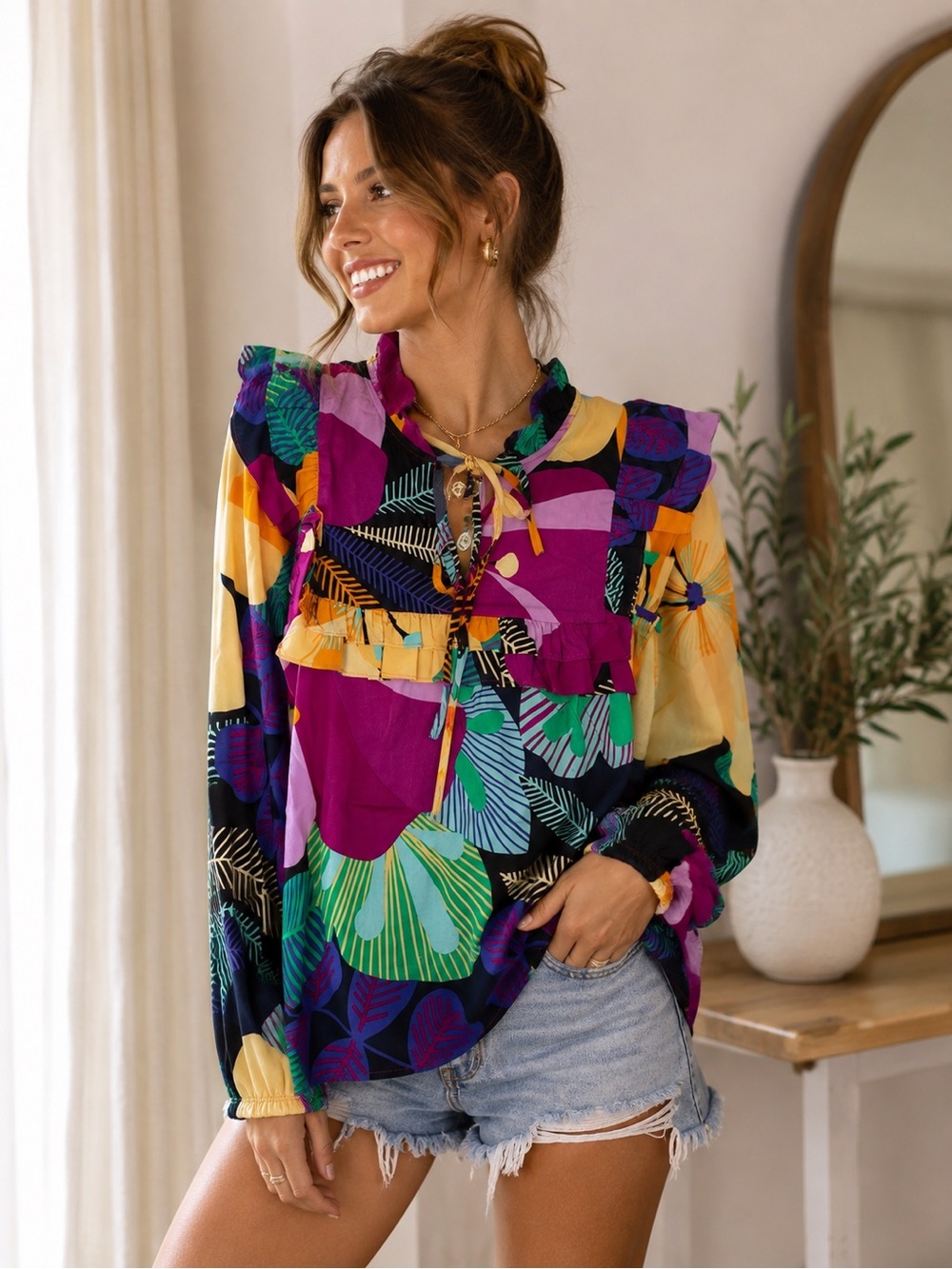 Boho Floral Ruffle Tie-Neck Blouse - 631